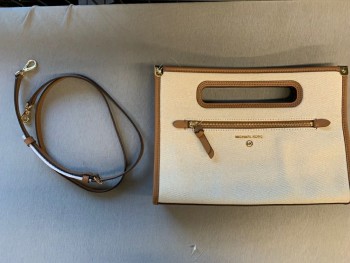 MICHAEL KORS, Beige, Lt Brown, Cotton, Leather, 2 Color Weave, Clutch with Wide Handle Opening. MATCHING Shoulder Strap