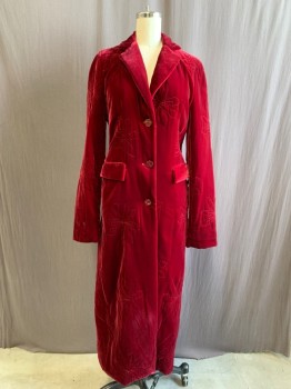 MARC JACOBS, Dk Red, Cotton, Solid, Velvet with Floral Embroidery, 3 Button Front, Collar Attached, Notched Lapel, 2 Pockets, Long Sleeves, Ankle Length, Late 90's/Early 00's,