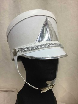 FRUHAUF UNIFORMS, White, Silver, Faux Leather, Plastic, Solid, White Hat with Silver Triangle/Buttons/Chain, Chin Strap, Multiples,