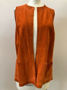 N/L, Red-orange, Solid, Suede, Open Front, Sleeveless, 2 Pockets, Side Vents