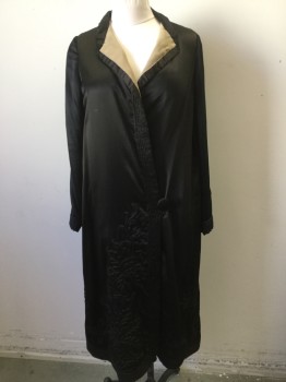 BILL HARGATE, Black, Silk, Floral, 1 Button, Floral Trapunto at Hem Front and Back, 7 Rows of Stitching, Silk is a Little Worn on the Sleeves, Small Collar, Lined in Taupe Georgette,