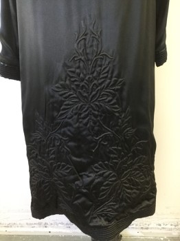 BILL HARGATE, Black, Silk, Floral, 1 Button, Floral Trapunto at Hem Front and Back, 7 Rows of Stitching, Silk is a Little Worn on the Sleeves, Small Collar, Lined in Taupe Georgette,