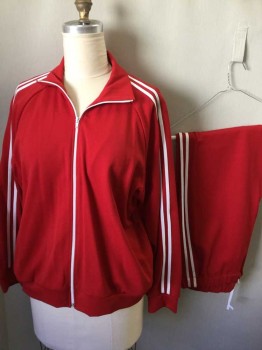 N/L, Red, White, Polyester, Solid, Stripes, Track Suit Jacket, Zipper Front, Stand Collar, 2 White Stripes On Sleeve