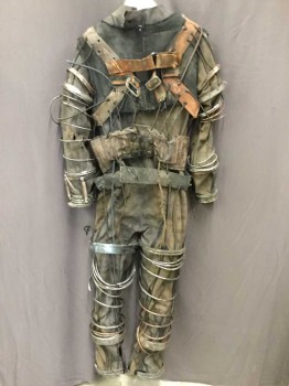 MTO, Graphite Gray, Dk Gray, Brown, Orange, Silver, Polyester, Cotton, Aged/Distressed,  Neoprene Suit With Coiled Metallic Tubing Wrapped Around Arms & Legs, Webbing And Bungee Cords 'hold' The Suit Together, Artistic Holes, Frayed Edges, Metal Springs Around Left Wrist. Space Age, Post-apocalyptic, Center Back Zipper,  Mock Turtle Neck,  Long Sleeves, Multiples, Spacesuit, Astronaut, Home Made
