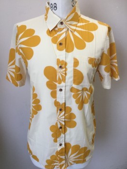 CAPTAIN FIN, Cream, Yellow, Polyester, Cotton, Hawaiian Print, Floral, Cream with Dark Yellow Large Hawaiian Flower Print, Collar Attached, Button Front, 1 Pocket, Short Sleeves,