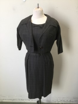 N/L, Gray, Black, Red, Cotton, Plaid, Short Sleeves, Jewel Neck with Self Bow Detail at Front Neck. Fitted at Waist with Darts and Pleated Waist with Matching Self Belt