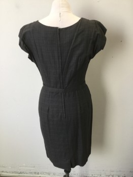 N/L, Gray, Black, Red, Cotton, Plaid, Short Sleeves, Jewel Neck with Self Bow Detail at Front Neck. Fitted at Waist with Darts and Pleated Waist with Matching Self Belt