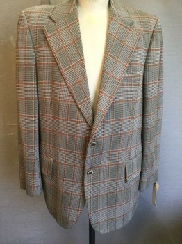 Orbach's, Olive Green, Orange, Brown, Gray, Plaid, Single Breasted, Collar Attached, Notched Lapel, 3 Pockets