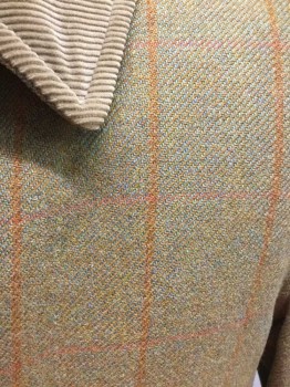 N/L, Ochre Brown-Yellow, Turquoise Blue, Orange, Tan Brown, Wool, Cotton, Grid , Solid, Reversible Tweed/Corduroy, Double Breasted, 4 Pockets Both Sides, Great Condition, Very Nice