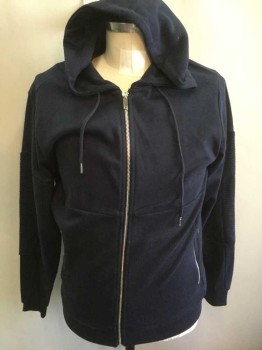 ZARA, Navy Blue, Cotton, Polyester, Solid, Jersey, Long Sleeves, Zip Front, Hooded, Self Ribbed Panels at Sleeves, Sides of Waist