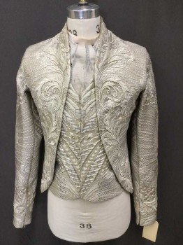 TUTU ETOILE, Taupe, Cream, Silk, Floral, Frock Coat with Attached Vest, Brocade Long Sleeves, Hook & Eyes Front, Inset Sleeves, Silver Paisley Embroidery, Adjustable Elastic Vest, Made For Ballet, Zip Cuff Seam