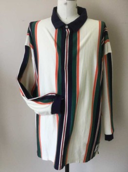 IZOD, White, Navy Blue, Orange, Green, Maroon Red, Cotton, Stripes - Vertical , Long Sleeves, Navy Collar, Hidden Button Placket, Ribbed Knit Cuff