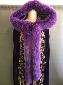 MTO, Purple, Violet Purple, Gold, Synthetic, Fur, Solid, Floral, Purple Cape with Hood, Violet Real Fur Trim Along Hood and Down Center Front, Gold Floral Bullion Down Center Front, Gold Ribbon Trim Down Center Front and Hem, Hood and Center Back Are 'smocked', Hood Finished Off with Medallion of Gold Bullion, Fur Hook and Eye Plus Cape Ties, Sci-Fi/Fantasy,