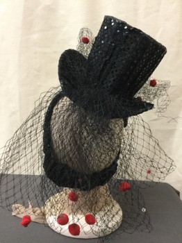 N/L, Black, Red, Polyester, Dots, Mylar Sequin Fabric Over Tiny Top Hat Form, Wide Elastic Headband, Black Net with Red Pom Pom and Rhinestones