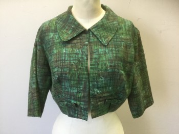 N/L, Green, Brown, Cotton, Abstract , Bolero Jacket, Green with Brown Crosshatched Lines Abstract Pattern, 3/4 Sleeve, Pointed Collar, Open at Center Front with 1 Hook and Eye Closure at Center Front Neck, 2 Self 3 Dimensional Bows at Each Side of Hem in Front, Late 1950's