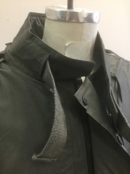 N/L, Gray, Cotton, Solid, Zip and Snap Front, Unusual/Tilted Pockets at Hips, Lightly Aged Throughout, Stand Collar, Gray Webbed Straps at Cuffs,**Comes with Detachable Hood and Gray Webbed Belt