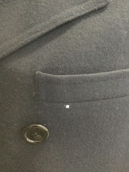 N/L, Navy Blue, Wool, Solid, Mens Middle Upper Class Coat. Double Breasted, 1 Welt Pocket, 3 Pockets with Flaps, Slit Center Back, 2 Button Detail at Cuffs. Small Visible Hole at Welt Pocket,