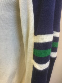SEARS SPORTS CENTER, Navy Blue, Cream, Green, Poly/Cotton, Color Blocking, Track Jacket, Navy Shoulders and Long Sleeves, Cream Body, Cream/Green/Navy Stripes at Waistband, Cuffs and Mid Sleeve, Zip Front, Stand Collar, Late 1970's/Early 1980's