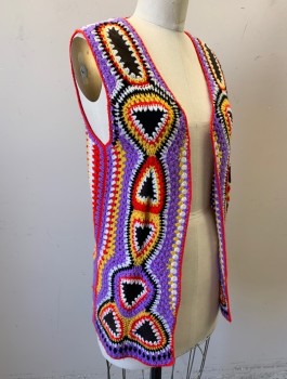 COLT ORIENT, Multi-color, Lavender Purple, Red, Yellow, Black, Wool, Suede, Abstract , Hippie Crochet Vest with Black Suede Panels, Open at Center Front with No Closures, Early 1970's