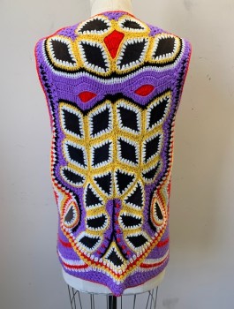 COLT ORIENT, Multi-color, Lavender Purple, Red, Yellow, Black, Wool, Suede, Abstract , Hippie Crochet Vest with Black Suede Panels, Open at Center Front with No Closures, Early 1970's
