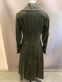 ERIC WINTERLING, Dk Olive Grn, Cotton, Polyester, Solid, Herringbone, 5 Button Frock Coat, Velveteen with Jacquard Novelty Collar, 2 Pocket Flaps, Jacquard Detail at Cuffs