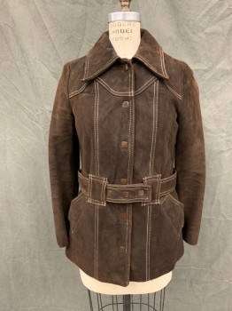 N/L, Dk Brown, Leather, Solid, Suede, Cream Stitching, Snap Front, Oversized Collar, Western Yoke, 2 Pockets, Large Belt Loops, Self Belt, Long Sleeves, Zip Out Vest Fleece Lining,