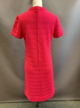 NL, Hot Pink, Wool, Acrylic, Tweed, Self Horizontal Stripe, Self Tweed Pattern, 1/4 Faux Button Front, Short Sleeves, Hem at Knee, Zip Back