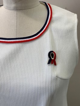 Sportsweat, White, Red, Blue, Polyester, Solid, Stripes, Stiff Ribbed Knit, Sleeveless, 5" Bust Dart,Top with 1/2 Inch Red White and Blue Striped Trim on Neck 1'' Red White and Blue "Ribbon " Patch over Left Heart, Small Pin Dot Stain on Front Right See Detail Photo,