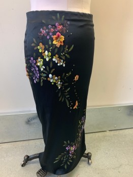 Mandalay, Black, Polyester, Spandex, Floral, Back Zip, Sequins and Beads, Butterfly and Flower Embroidery, Pleated Back