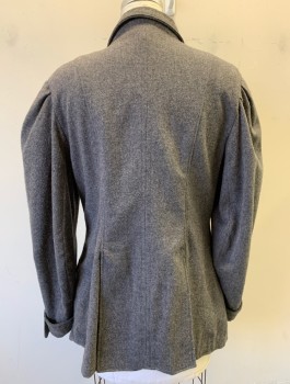 N/L MTO, Gray, Wool, Solid, Puffy Sleeves Gathered at Shoulders, Notched Lapel, 6 Buttons, 2 Hip Pockets with Flaps, Cuffed Wrists with 2 Buttons, Hip Length, Vents at Center Back Hem, Made To Order