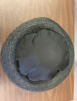 N/L MTO, Black, Straw, Silk, Silk Poufy Crown with Straw Brim, Gray Burnout Velvet Band, Made To Order