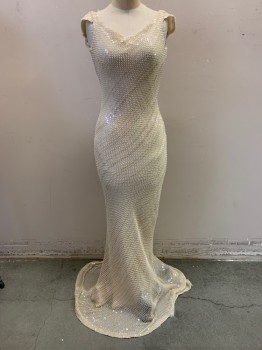 FOX310, Cream, Polyester, Scoop Neckline, All Over Pearls & Clear Sequins, Low Back, Sleeveless, Zip Back, Floor Length