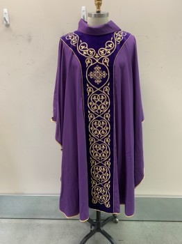 HAFTINA, Purple, Gold, Polyester, Solid, Floral, ROBE, Folded Collar, Dark Purple Velour, Gold Embroidery,