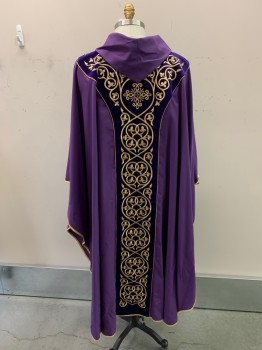 HAFTINA, Purple, Gold, Polyester, Solid, Floral, ROBE, Folded Collar, Dark Purple Velour, Gold Embroidery,