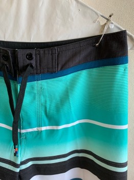 QUICKSILVER, Teal Green, Yellow, Black, Multi-color, Polyester, Elastane, Stripes, Lace Up Waistband, Velcro Fly, Zipper Pocket