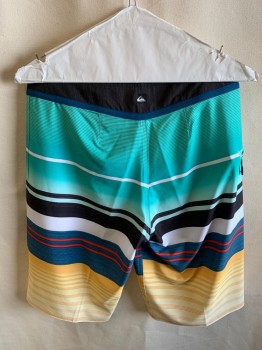 QUICKSILVER, Teal Green, Yellow, Black, Multi-color, Polyester, Elastane, Stripes, Lace Up Waistband, Velcro Fly, Zipper Pocket
