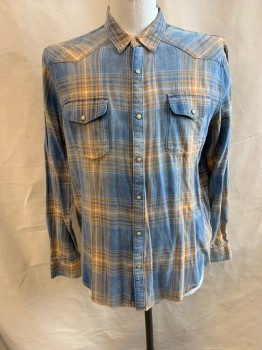 LUCKY BRAND, Lt Blue, Melon Orange, White, Cotton, Plaid, Collar Attached, Snap Front, Long Sleeves, 2 Pockets, 2 Snaps 1 Button Cuff