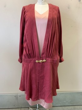 NO LABEL, Rose Pink, Polyester, Cotton, Abstract , Plus Size Dress Cardigan, L/S, Mild Abstract Pattern, Pleated Band, Gold Detailed Waist Clip with Gems