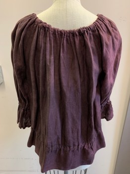 MTO, Purple, Linen, Solid, Wide Drawstring Neck, Keyhole Front, Raglan Sleeves, Sleeves Gathered at Elbow Seam, Elastic Gathered Ruffle Tiered Cuff, Worn Out Elastic Waistband, Aged/Distressed