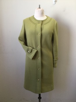 N/L, Chartreuse Green, Wool, Polyester, Solid, Coat. of Muted Chartreuse GreenWool Jersey with Olive Green Trim Lines. Poly Lining in Turmeric with Brown & Green Paisley Print. 6 Gold Button Front Single Breasted, Button Down Tabs at Cuffs.some Damage to Left Neck Front