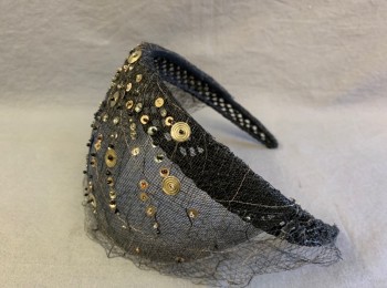 N/L MTO, Black, Silver, Horsehair, Sequins, Stiff Net/Mesh Attached to Structured Headband, with Metallic Sequins and Beading, Made To Order, Multiples