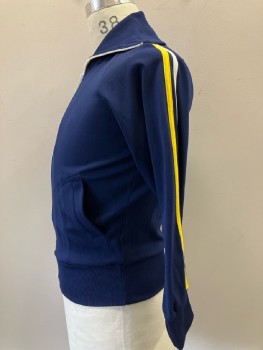 TED WILLIAMS, Navy Blue, White, Yellow, Polyester, Solid, Jacket, High Neck, Zip Front, Side Pockets, Side Bands
