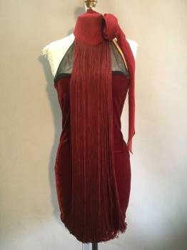 JEAN PAUL GAULTIER, Red, Black, Silk, Rayon, Hem Above Knee,  Sleeveless, Fringe, Chiffon Neck Tie, Invisible Side Zipper and Clasp, Stretch Velvet