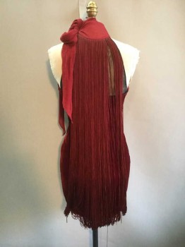 JEAN PAUL GAULTIER, Red, Black, Silk, Rayon, Hem Above Knee,  Sleeveless, Fringe, Chiffon Neck Tie, Invisible Side Zipper and Clasp, Stretch Velvet