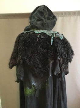 M.T.O., Black, Lime Green, Emerald Green, Cotton, Fur, Gothic Fantasy/ Grim Reaper  CloakBlack Woven Under Cloak with Neon Lime Paint Spatter, Raw Irregular Edging with Buffalo Hide Caplet & Scraps Of Black Leather with Iridescent Emerald Dry Paint, Cotton Canvas Hood