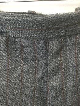 MARK COSTELLO, Gray, Rust Orange, Wool, Stripes - Pin, Flat Front, Button Fly, Tab Waist, Wide Leg That Tapers at Hem, Cuffed Hems, Made To Order Reproduction