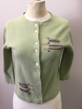 N/L, Avocado Green, Lt Brown, Charcoal Gray, Wool, Abstract , Button Front, Round Neck, Cardi, 3/4 Sleeves,