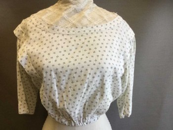 N/L, White, Black, Cotton, Calico , Floral, White with Tiny Black Flowers Pattern Calico, 1/2 Sleeves, High Neck/Stand Collar with Sheer Lace Inset at Neck, 2 Diagonal Pleats From Center Back Waist, Over Shoulders Onto Center Front Waist, Drawstring Waist, Made To Order Reproduction **Has Some Holes/Tears on Lace