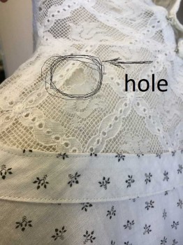 N/L, White, Black, Cotton, Calico , Floral, White with Tiny Black Flowers Pattern Calico, 1/2 Sleeves, High Neck/Stand Collar with Sheer Lace Inset at Neck, 2 Diagonal Pleats From Center Back Waist, Over Shoulders Onto Center Front Waist, Drawstring Waist, Made To Order Reproduction **Has Some Holes/Tears on Lace