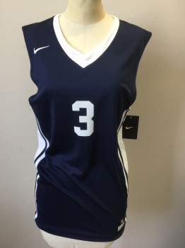 NIKE DRI FIT, Navy Blue, White, Polyester, Color Blocking, Navy with White V-neck, White Panels at Sides with Navy Stripes, Sleeveless, "3" at Front and Back